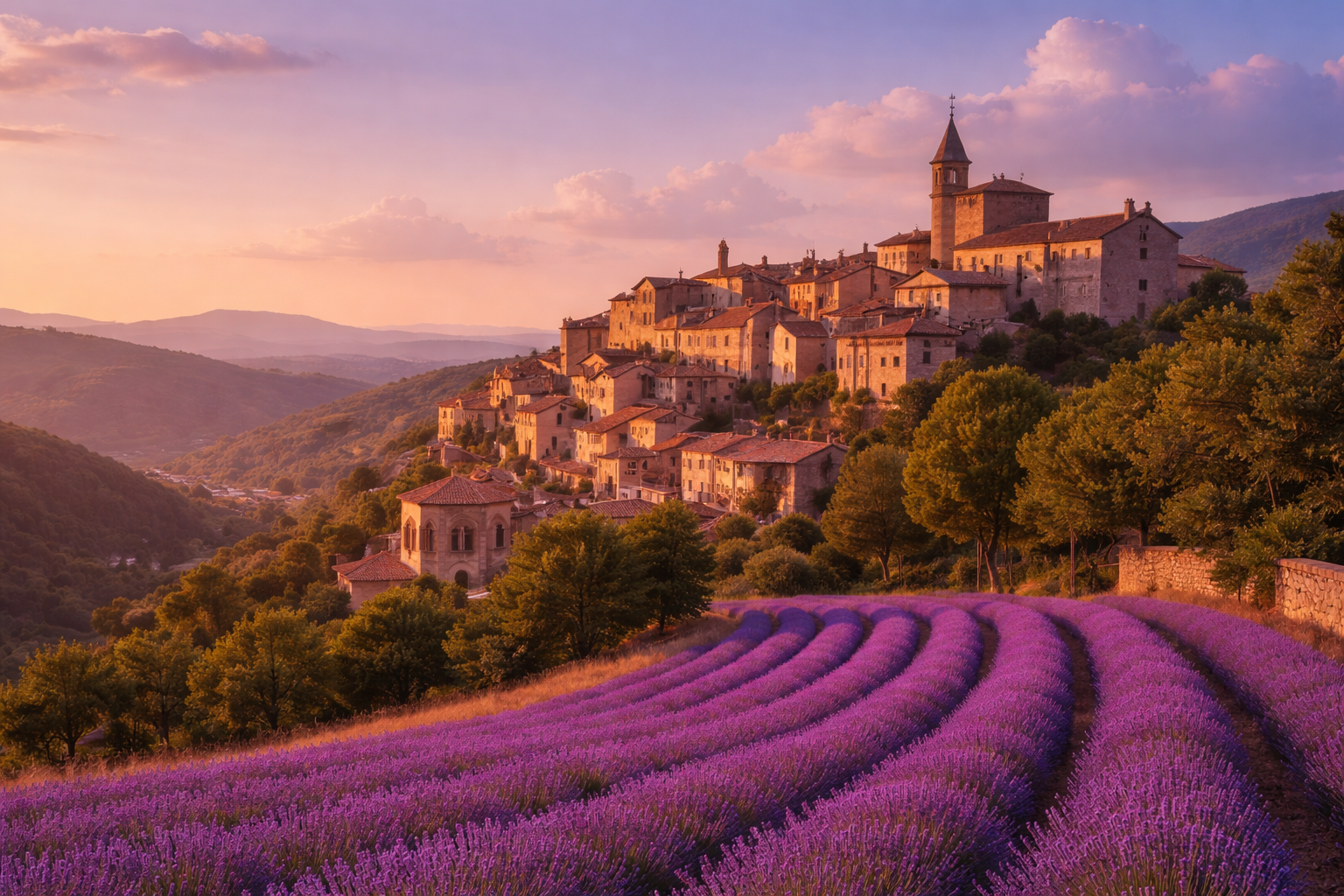Grasse, France — village et lavande au coucher du soleil